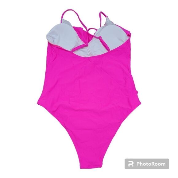 One Piece Swimsuit Y2K Cross Back Adjustable Fiusha Pink Neon V Neck Size L - Picture 2 of 8